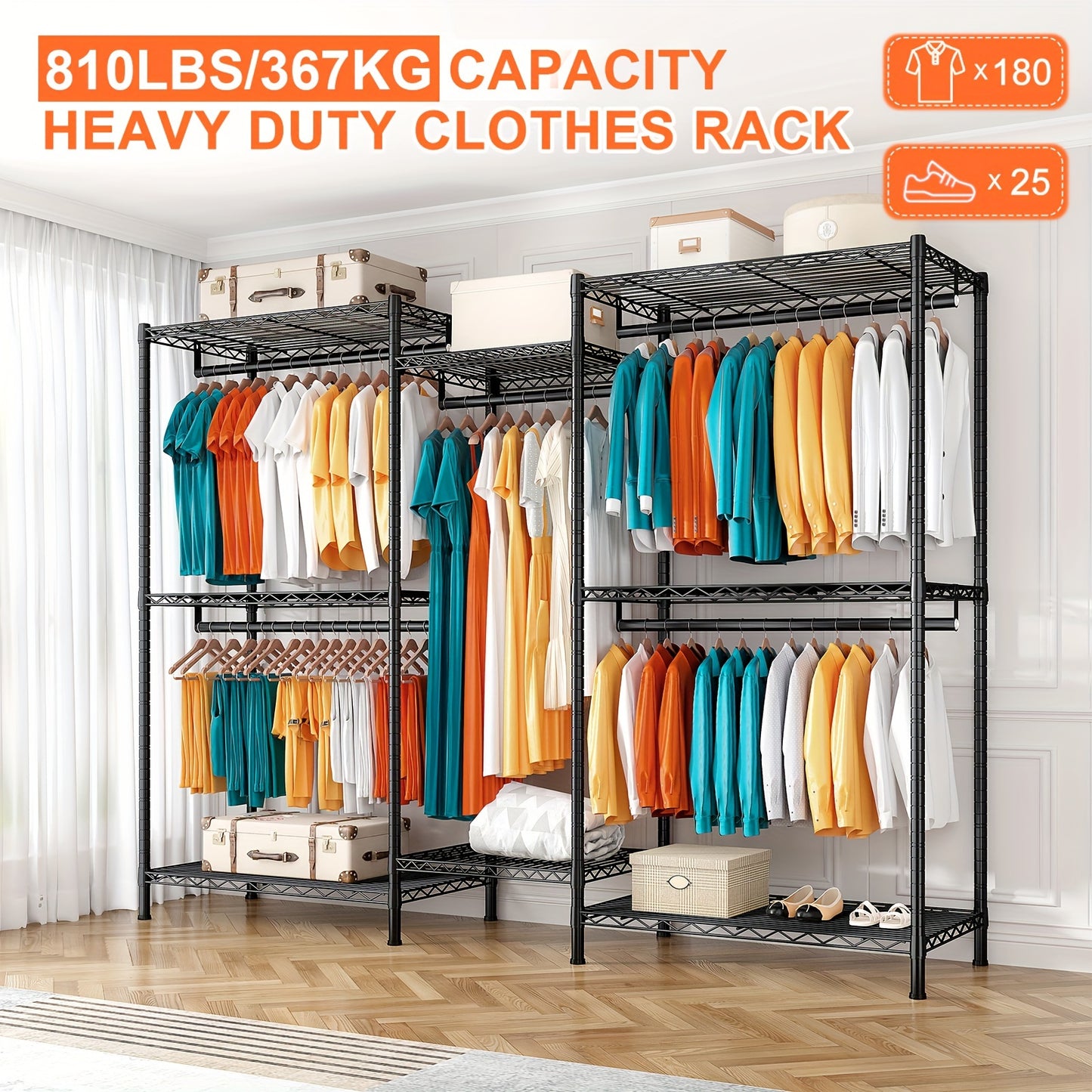 1pc Heavy Duty Clothing Rack, Metal Garment Rack, Free Standing Wardrobe Closet, 77" H*75" W*17.8" D, Essential Bedroom Furniture