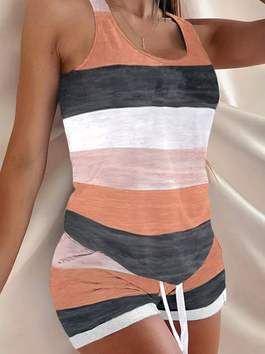 Color Block Striped Two-piece Set, Crew Neck Sleeveless Tank Top & Drawstring Elastic Waist Shorts Outfits, Women's Clothing