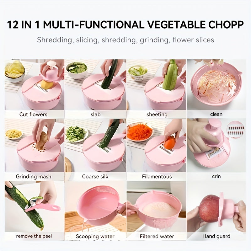 12 In 1 Multi-Functional Vegetable Chopper Carrots Potatoes Manually Cut Shred Slicer Radish Grater Kitchen Tools Vegetable Cutter For Hotel/Commercial