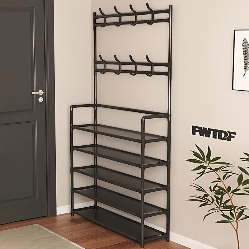 1pc 4/5 Layer 23in Carbon Steel Coat Rack, Multipurpose Coat Hanger And Shoe Shelf, Black/white, Self Assembly Required