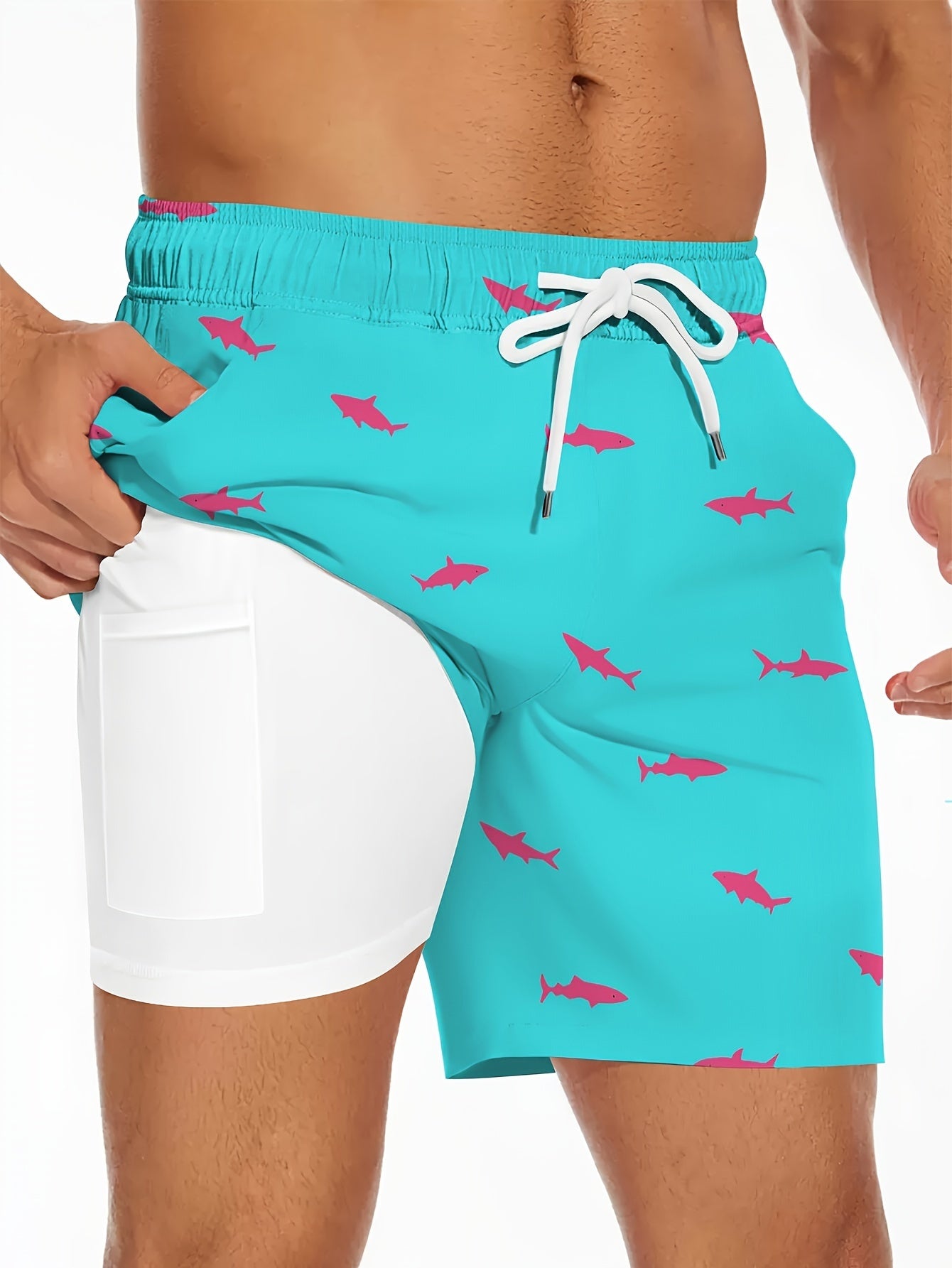 Shark Pattern Men's Board Shorts With Drawstring And Pockets, Casual And Chic Shorts For Summer Beach And Sports Wear