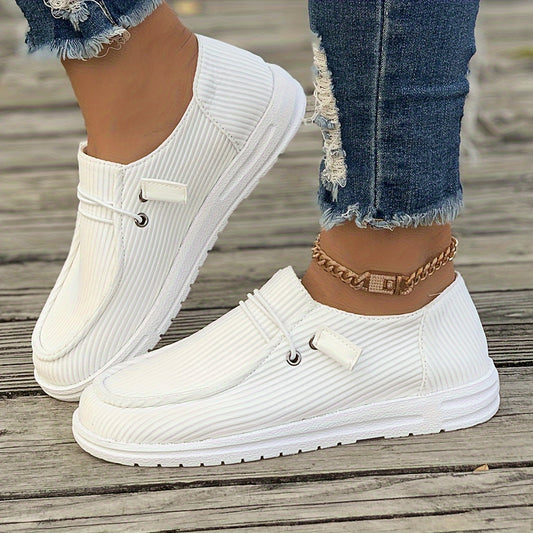 Trendy Solid Color Stripes Pattern Skate Shoes, Wear Resistance Non Slip Canvas Sneakers, Casual Versatile Low Cut Slip On Loafers Shoes